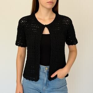 Vintage Southern Lady Crochet Cardigan Women’s Large Black Scalloped Detail